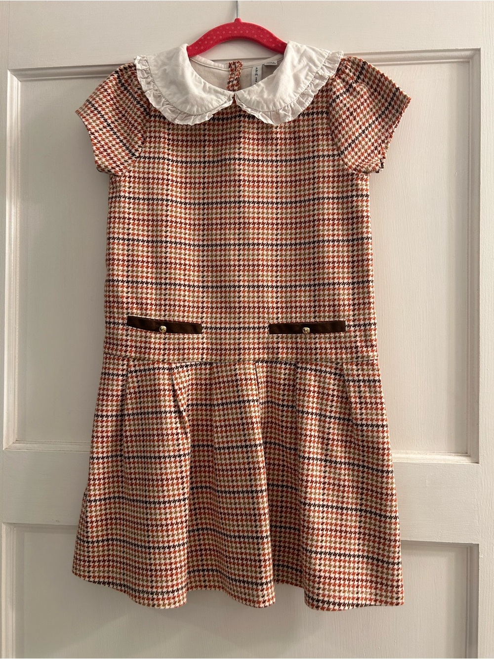 Janie & Jack Girls Brown & Cream Houndstooth Dress with White Ruffle Collar Sz 8
